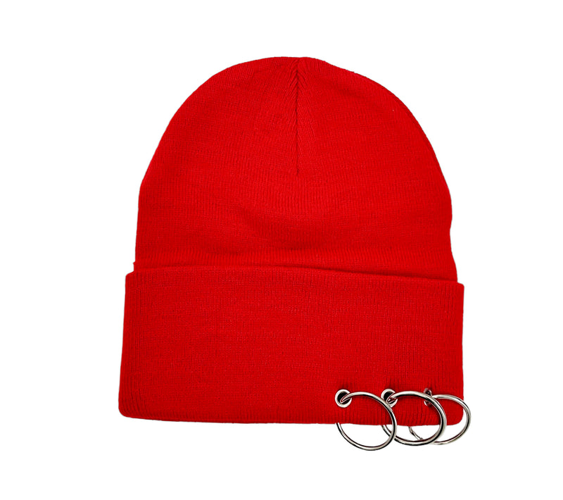 RED BEANIE WITH PIERCING RING