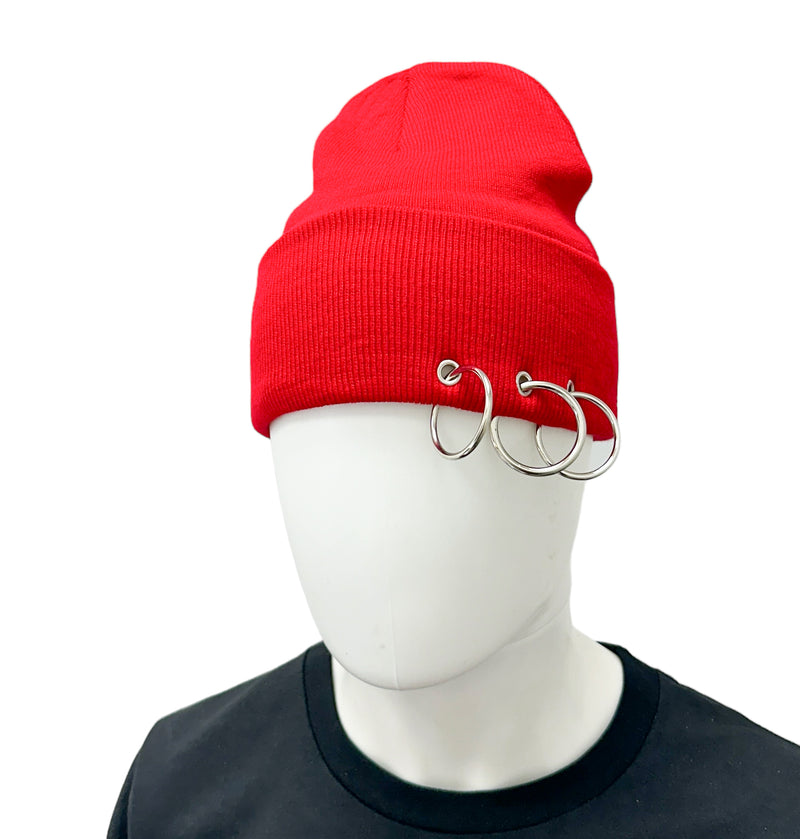 RED BEANIE WITH PIERCING RING