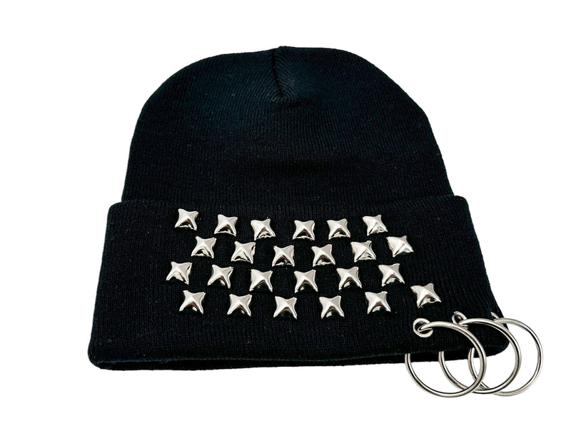 BLACK STUDDED  BEANIE WITH PIERCING RING