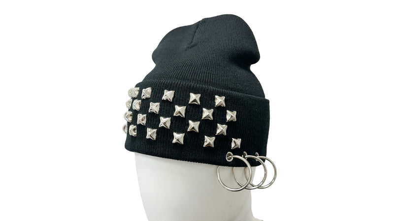 BLACK STUDDED  BEANIE WITH PIERCING RING