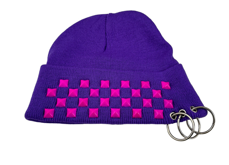 PURPLE PINK  STUDDED  BEANIE WITH PIERCING RING