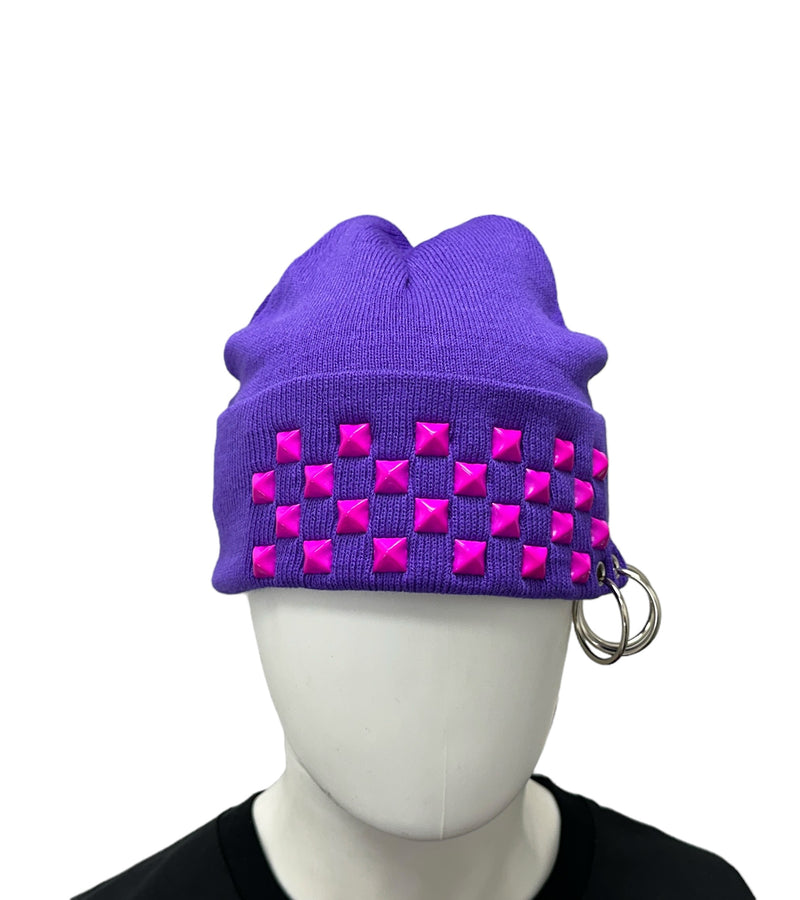 PURPLE PINK  STUDDED  BEANIE WITH PIERCING RING