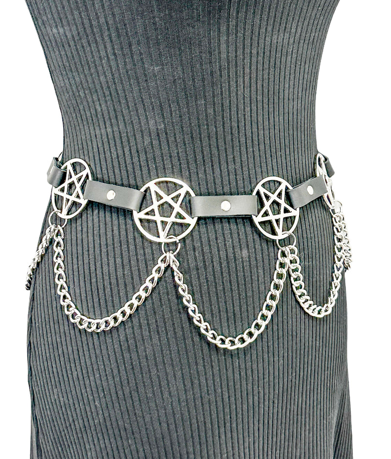 Pentagram Link Belt With Chain Silver Penta