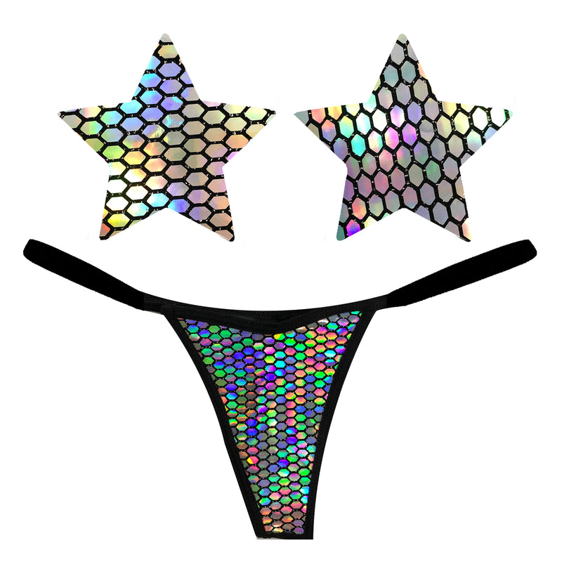 Mirrored Mayhem Super Holographic G String Naughty Knix with matching pasties