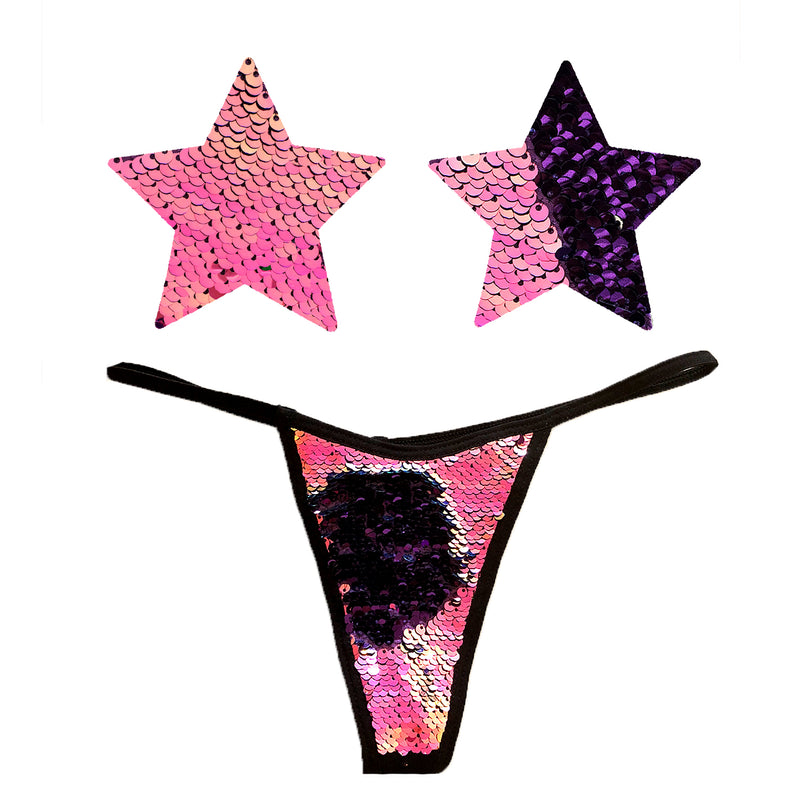 My Lil Pony Pink Purple Sequin G String Naughty Knix with Pasties Set