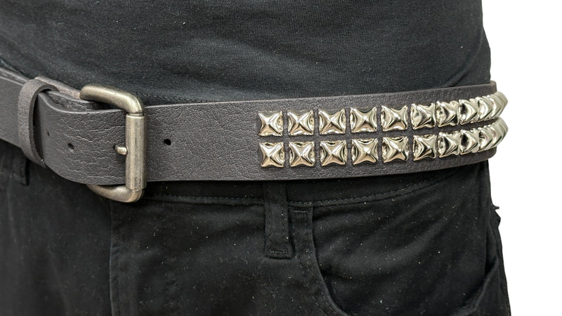 BLACK LEATHER TWO ROW STUDDED GENUINE LEATHER BELT 1 1/2" WIDE