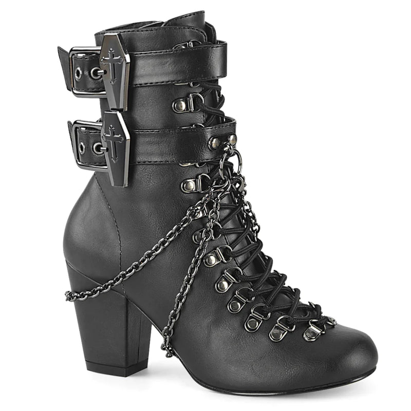 BLACK VEGAN LEATHER SHOE CHAIN ANKLE BOOT