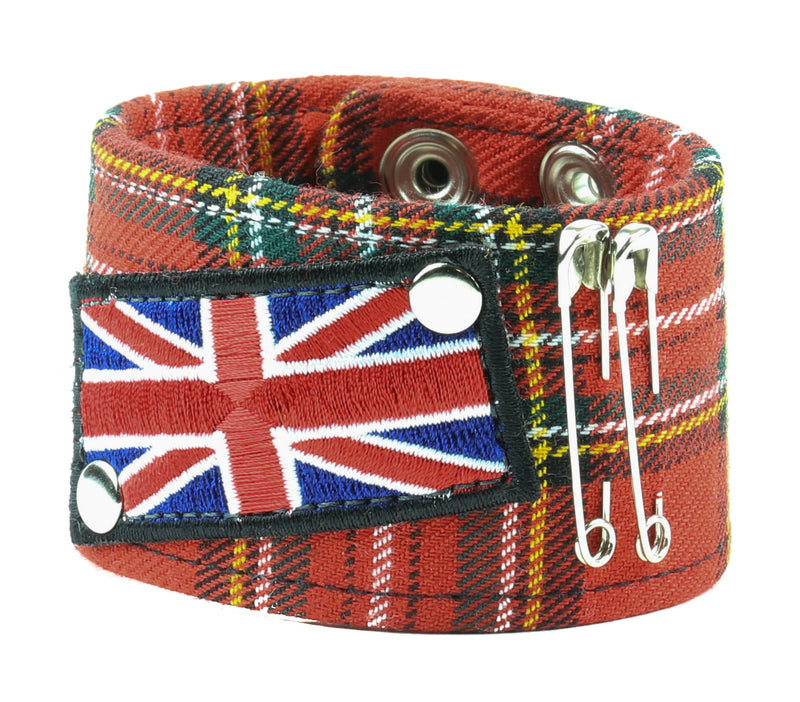 ASSORTED PLAID BRACELET WITH UNION JACK PATCH & SAFTY PIN, 1 3/4" WIDE