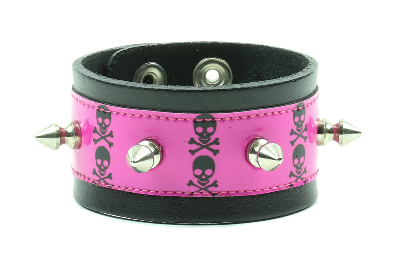ASSORTED SKULL PRINTED BRACELET WITH SPIKES, 1 1/2" WIDE