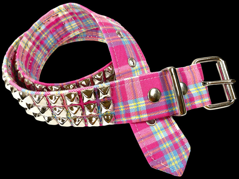 Pink Plaid 3 Row Studded Belt