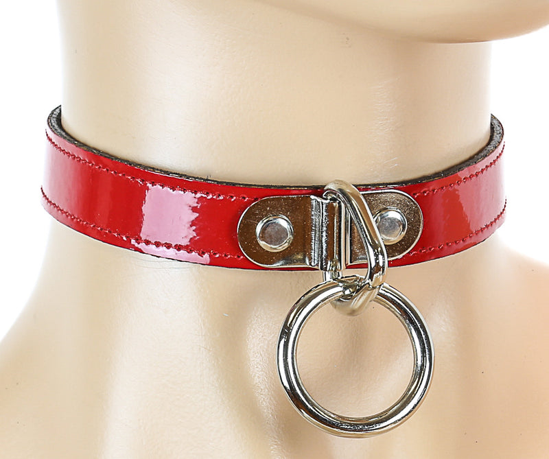 Bondage Thin Red Leather Choker with Silver O Ring