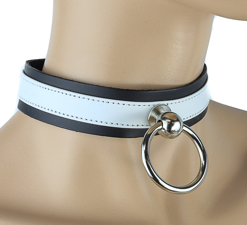Bondage White-Banded Black Choker with Silver O Ring and Buckle