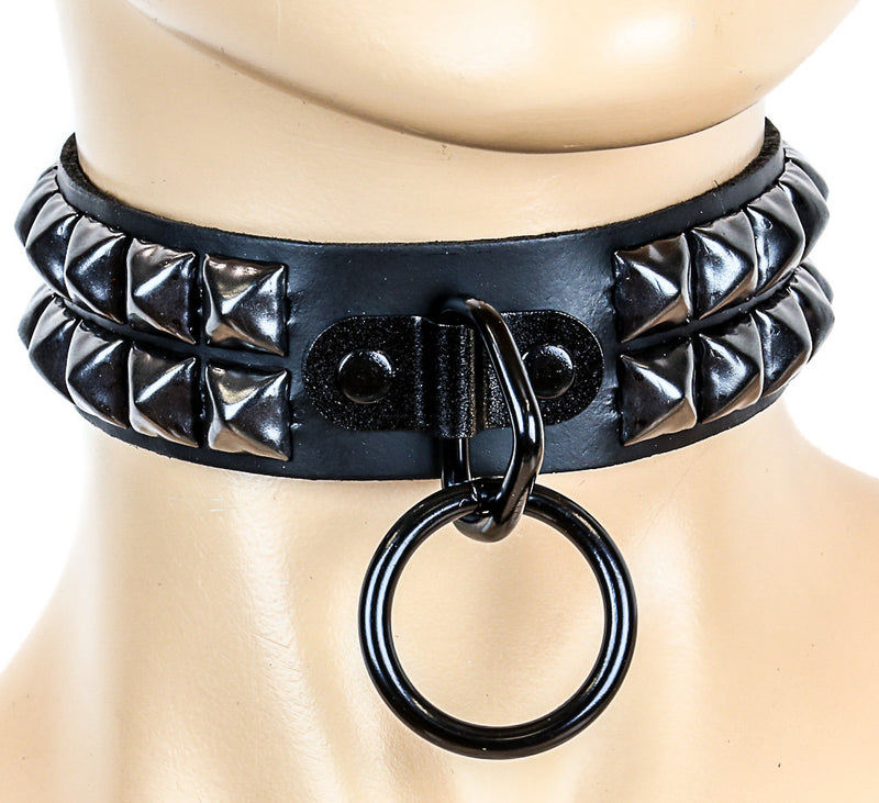 Bondage Black-Studded Black Leather Choker With Large O Ring