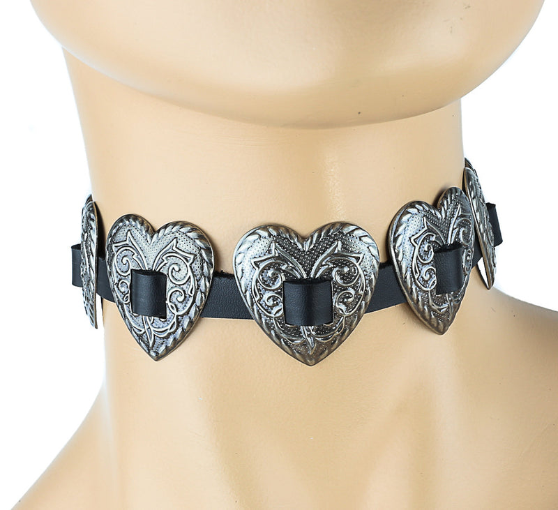 Black Choker with Western Heart-Shaped Conchos