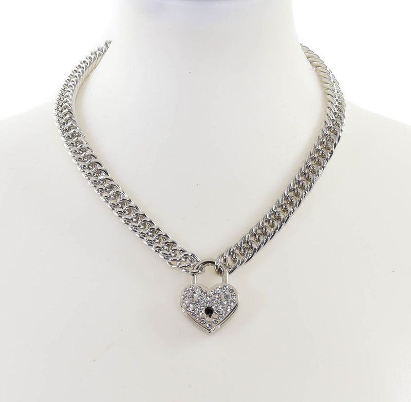 Rhinestone Heart Padlock Necklace Pendant Premium Diamond Cut Chain