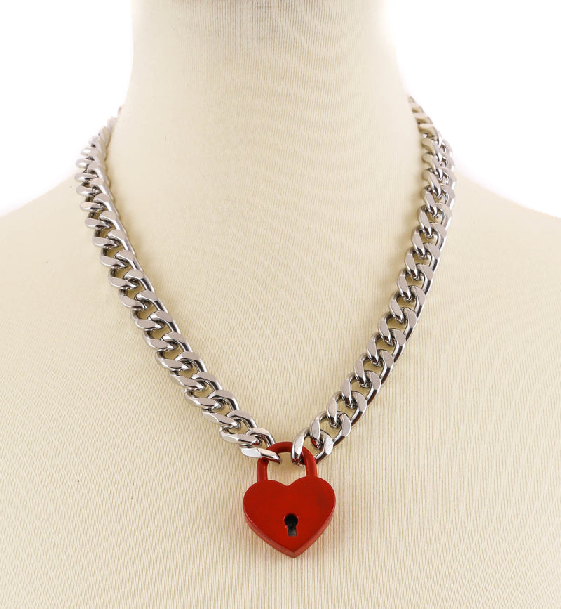 Heart Pad Lock Diamond Cut Chain Pendant Necklace Blue Pink Purple & Red