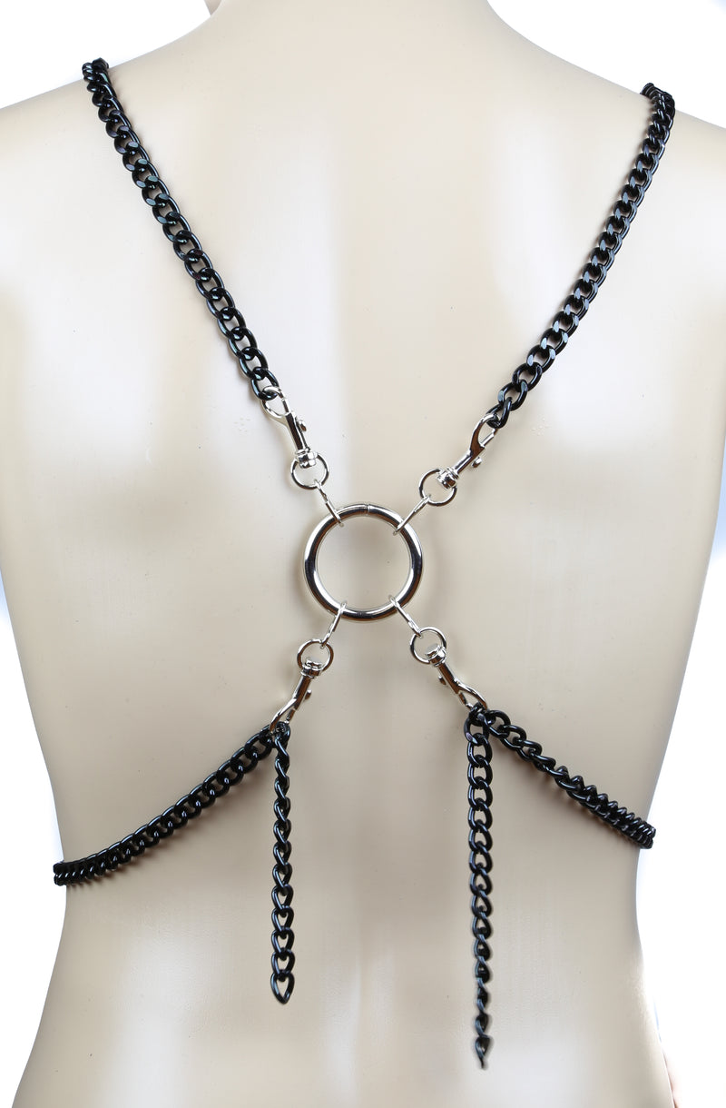 Black Chain And Leather  Harness D Rings Snap Adjustable
