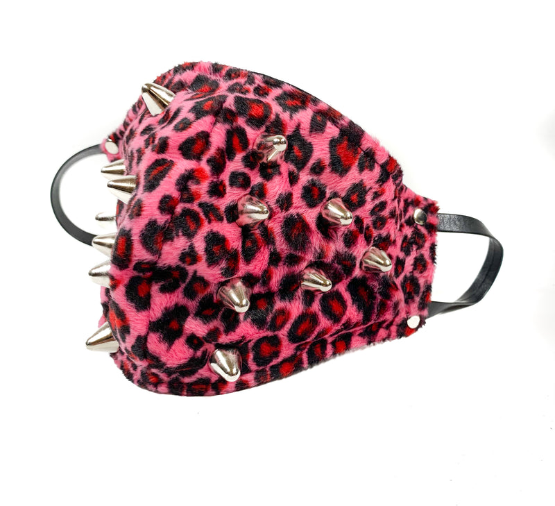 Studded Fuzzy Pink Leopard Face Mask Mouth Cover Face Cover Mask