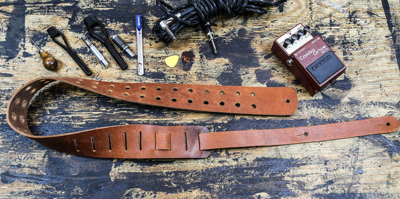 2 1/4" Wide Double Hole Tan Saddle Cowhide Classic Guitar Strap