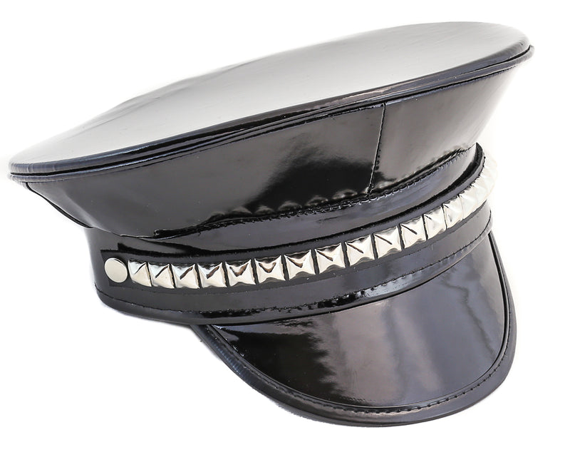 Studded Patent Leather Chain Captain Hat
