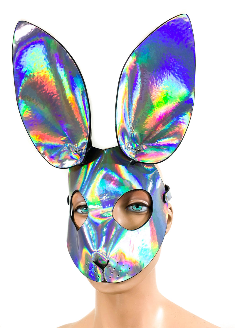 Bunny Ears Exotic Rabbit Full face Mask Silver Holographic Rainbow