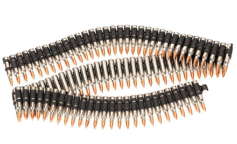 Bullet Belt .308 Caliber 3" Long Nickel Shell Copper Tips  M60 Black 'X" Link