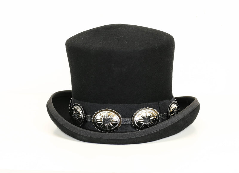 Wool Felt Top Hat Leather Oval Concho Band Topper Mid Crown Opera Rocker Mad Hatter