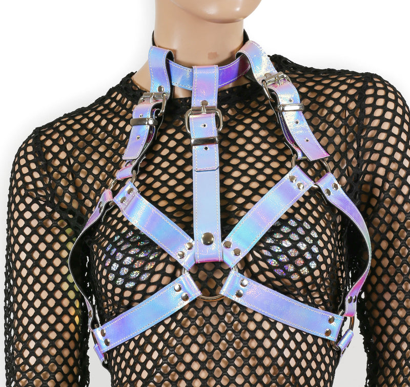 Pebbled Rainbow Leather Wide Bra Style Vegan Leather Harness With Choker