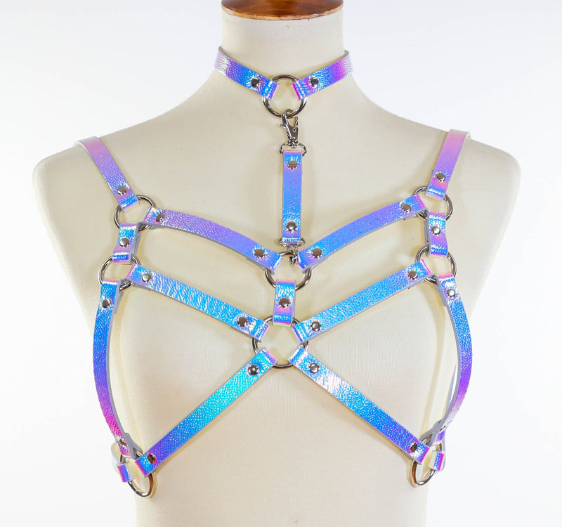 Blue Pebbled Rainbow Bra Straps  Style Vegan Leather Harness