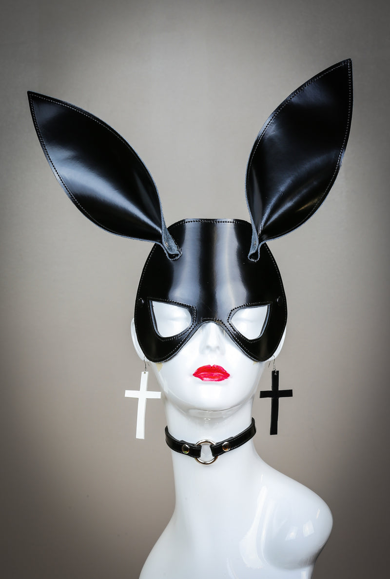 Patent Black Leather Ears Bunny Ears Exotic face Mask