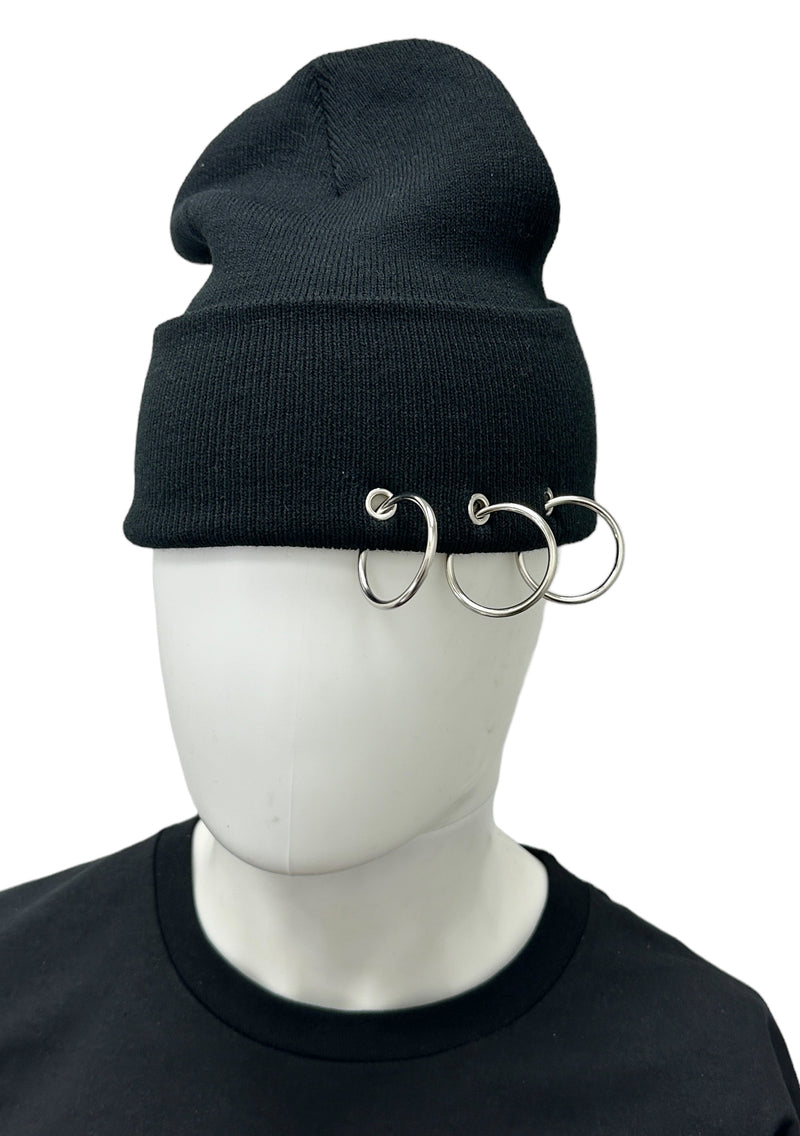 BLACK BEANIE WITH PIERCING RING