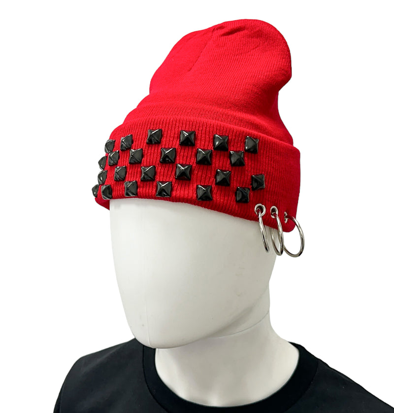 RED BLACK STUDDED  BEANIE WITH PIERCING RING