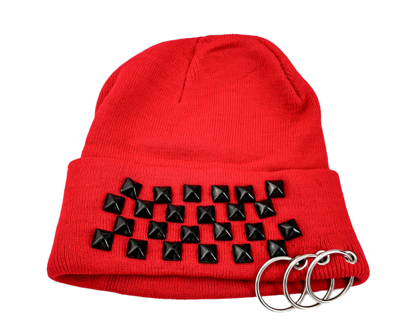RED BLACK STUDDED  BEANIE WITH PIERCING RING