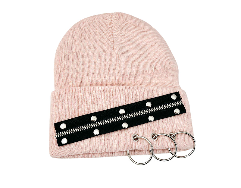GOTH STYLE ZIPPER RIVET  BEANIE WITH PIERCING RING