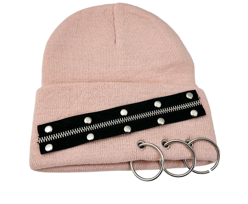 GOTH STYLE ZIPPER RIVET  BEANIE WITH PIERCING RING