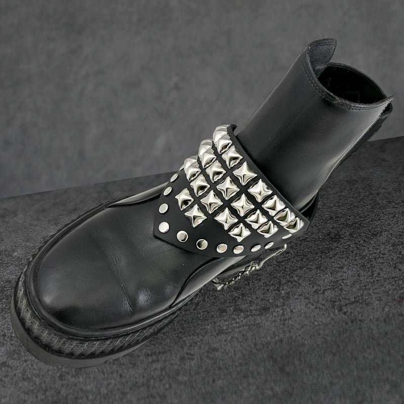 PYRAMID STUDDED TRIANGULAR   BOOTSTRAP OVER LEATHER