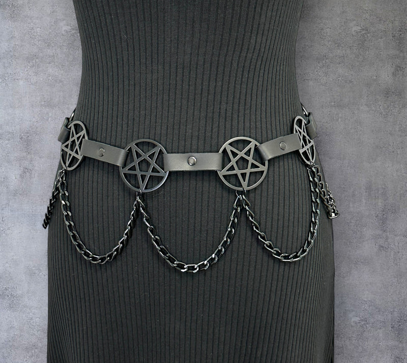 Pentagram Link Belt With Chain Black Penta