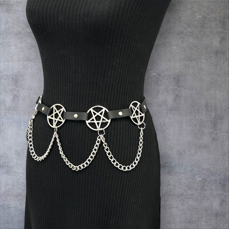 Pentagram Link Belt With Chain Silver Penta