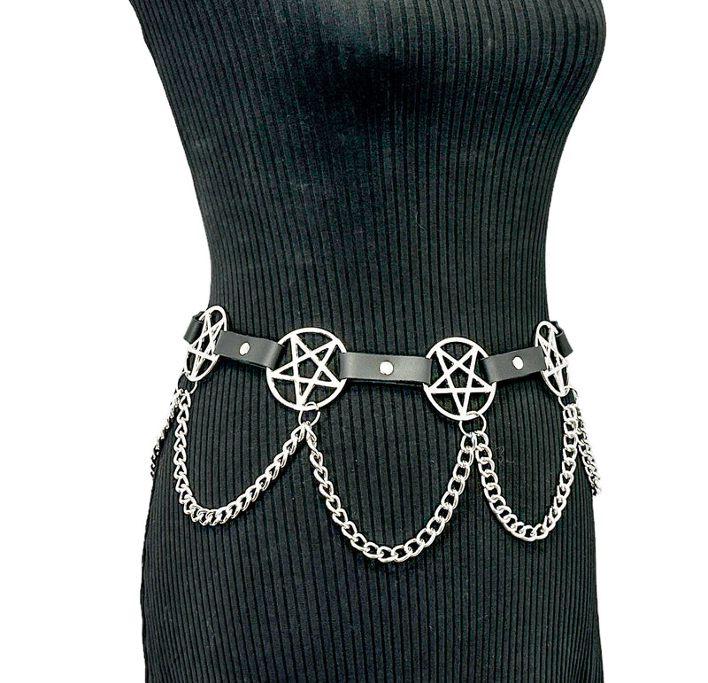 Pentagram Link Belt With Chain Silver Penta