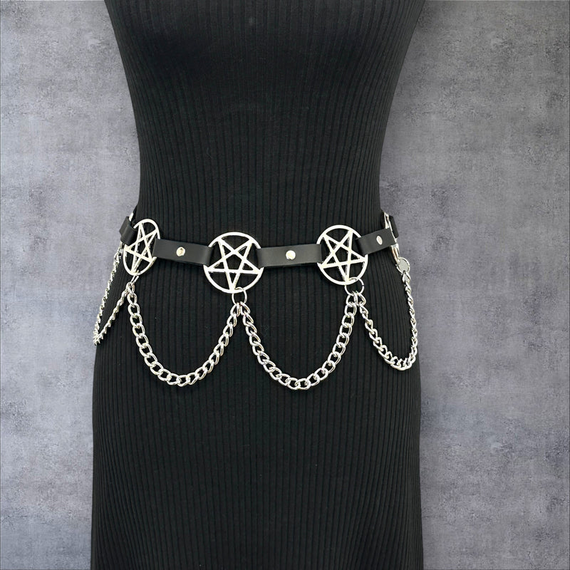 Pentagram Link Belt With Chain Silver Penta