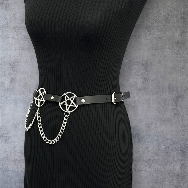 Pentagram Link Belt With Chain Silver Penta