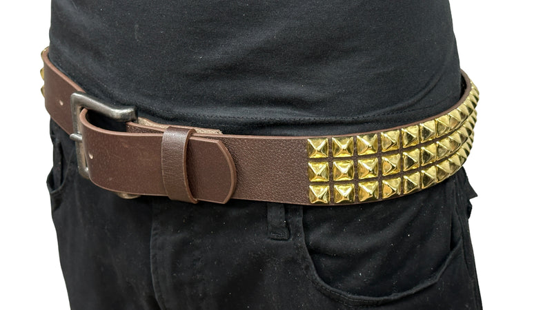 THREE ROW GOLD STUDDED GENUINE LEATHER BROWN BELT