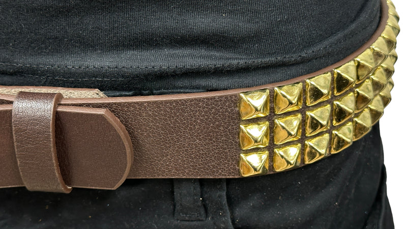 THREE ROW GOLD STUDDED GENUINE LEATHER BROWN BELT