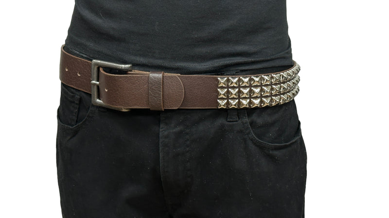 BROWN LEATHER THREE ROW STUDDED GENUINE LEATHER BELT