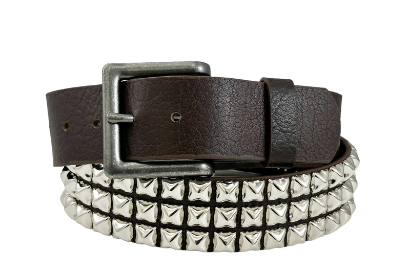 BROWN LEATHER THREE ROW STUDDED GENUINE LEATHER BELT