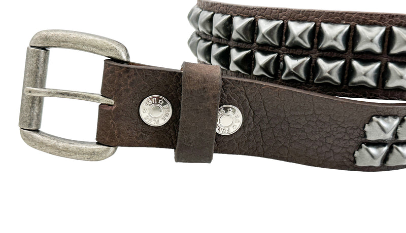 TWO ROW BLACK STUDDED GENUINE LEATHER BROWN BELT