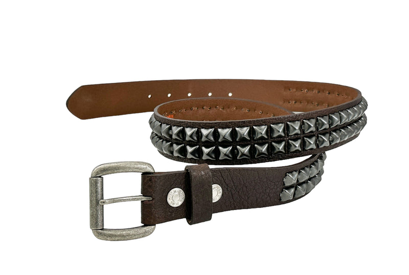 TWO ROW BLACK STUDDED GENUINE LEATHER BROWN BELT