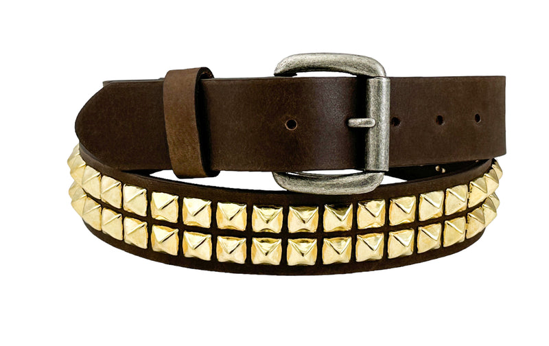 TWO ROW GOLD STUDDED GENUINE LEATHER BROWN BELT
