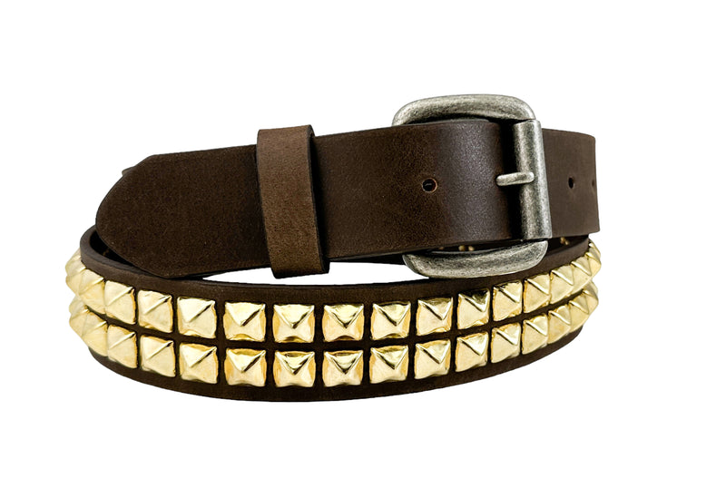 TWO ROW GOLD STUDDED GENUINE LEATHER BROWN BELT