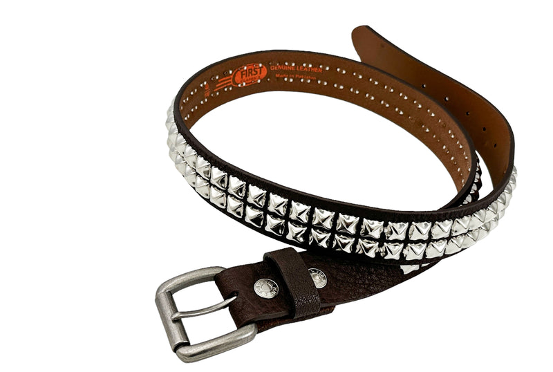 BROWN LEATHER TWO ROW STUDDED GENUINE LEATHER BELT